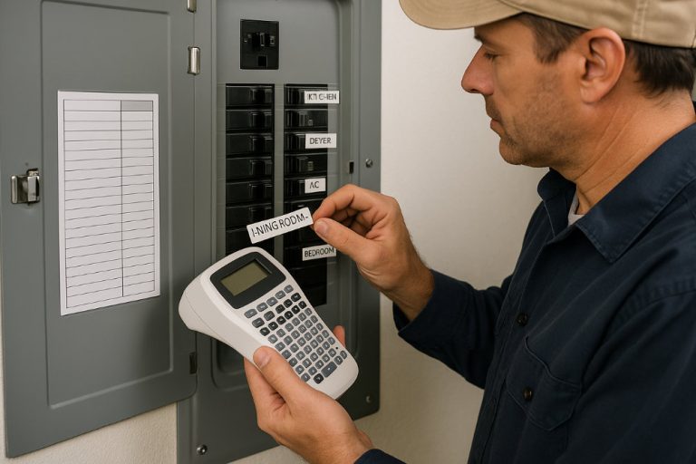 An electrician updating the label chart inside a panel