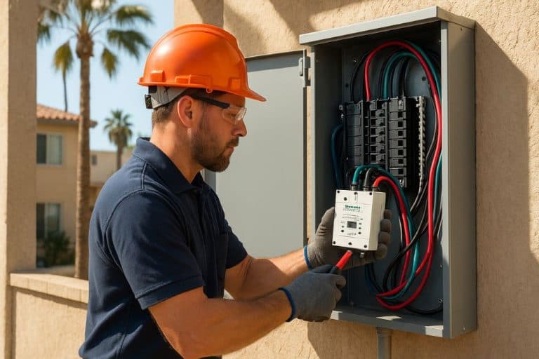An electrician installing a surge protector in a Los Angeles apartment