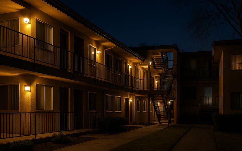 Los Angeles apartment building exterior at Night