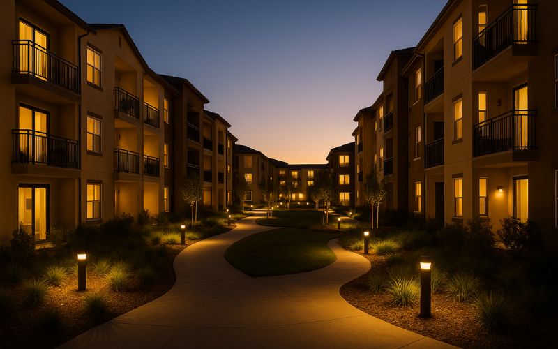 Warm LED lights in Los Angeles Court Yard - RG Electric