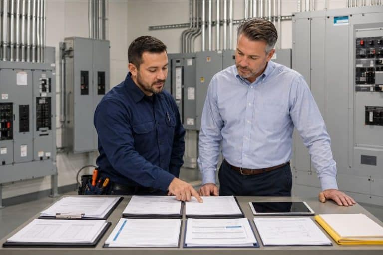 Commercial electrician reviewing project documents